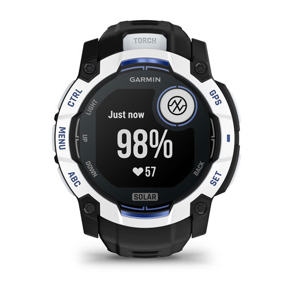 Instinct® 3 – 50 mm, Solar, Whitestone med Svart/Bolt Blue rem – Garmin