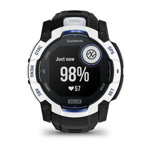 Instinct® 3 – 50 mm, Solar, Whitestone med Svart/Bolt Blue rem – Garmin