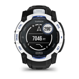 Instinct® 3 – 50 mm, Solar, Whitestone med Svart/Bolt Blue rem – Garmin
