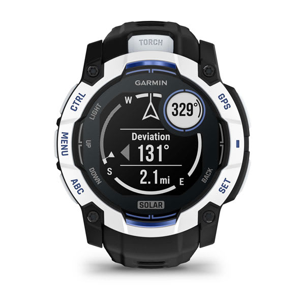 Instinct® 3 – 50 mm, Solar, Whitestone med Svart/Bolt Blue rem – Garmin