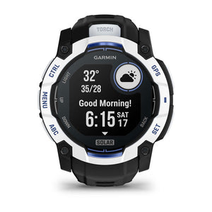 Instinct® 3 – 50 mm, Solar, Whitestone med Svart/Bolt Blue rem – Garmin
