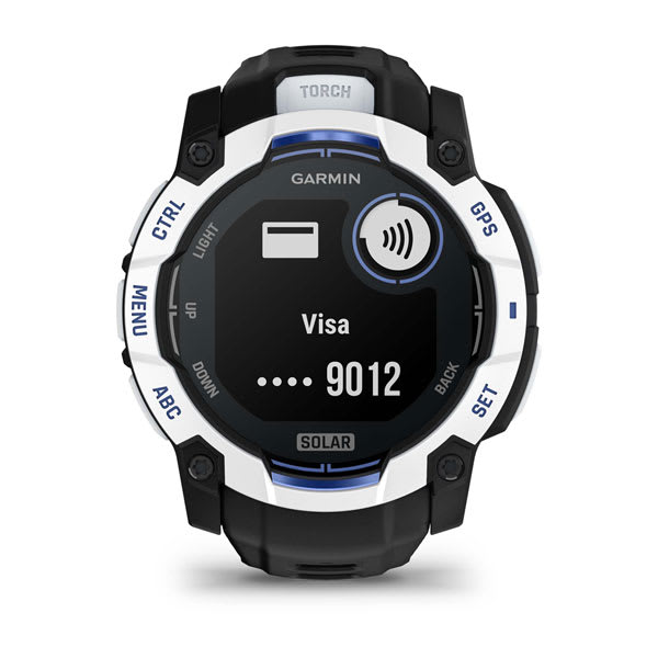 Instinct® 3 – 50 mm, Solar, Whitestone med Svart/Bolt Blue rem – Garmin