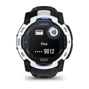 Instinct® 3 – 50 mm, Solar, Whitestone med Svart/Bolt Blue rem – Garmin