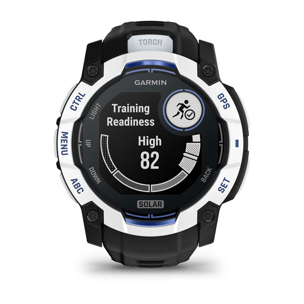 Instinct® 3 – 50 mm, Solar, Whitestone med Svart/Bolt Blue rem – Garmin