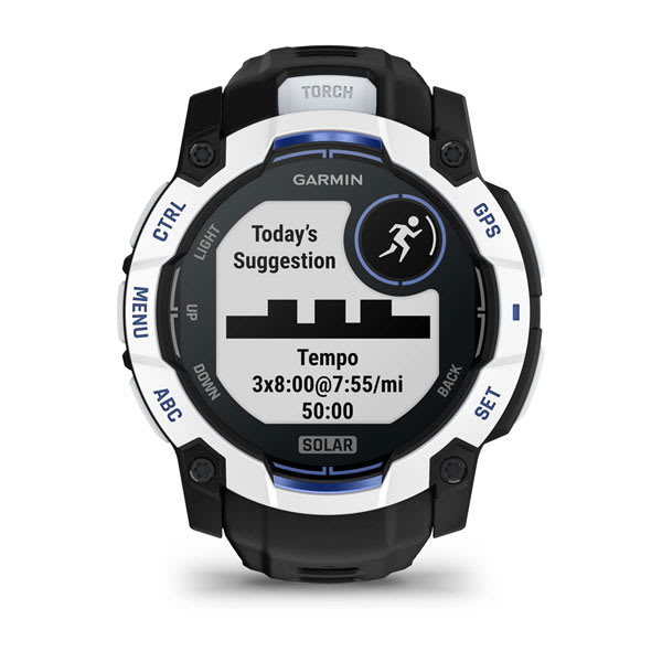 Instinct® 3 – 50 mm, Solar, Whitestone med Svart/Bolt Blue rem – Garmin